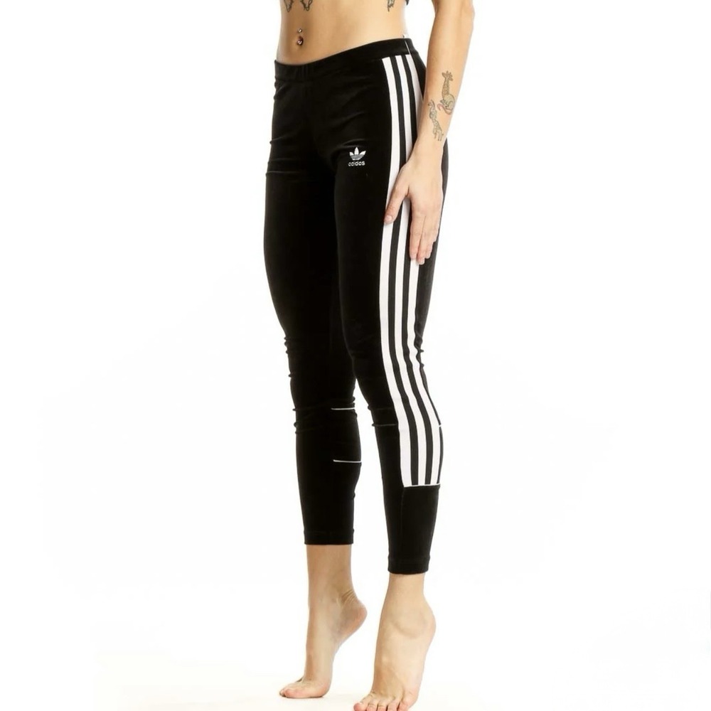 Adidas‎ Originals Black Velour Velvet Leggings Three Stripe Soft Y2K Cozy XS